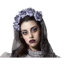 DIADEMA ROSAS CON VELO GRIS